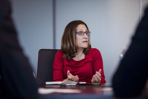 Foreign Affairs Minister Chrystia Freeland meets with The Globe and Mail’s editorial board in Toronto on Dec. 1, 2017.  CHRISTOPHER KATSAROV/THE GLOBE AND MAIL