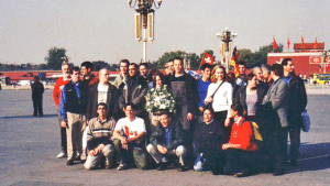 The 36 Falun Gong practitioners pose for a picture before the moment.