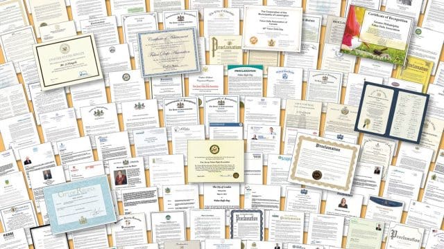 Over 1000 proclamations, citations, and congratulatory letters honoring Falun Dafa and its founder Mr. Li Hongzhi were received from elected officials in the USA, Canada, the UK, Germany, Sweden, Switzerland, Ireland, Australia, Japan, and Taiwan. The image shows some of them. (The Epoch Times)