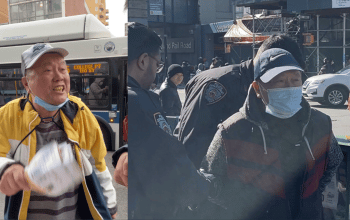 Qi Zhongping on February 16, 2023, harassing Falun Gong practitioners in Flushing, New York (L) and on February 18, 2023, during his arrest (R).