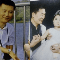 Mr. Wang Yudong, now deceased (left) and his last family photo with his six-year-old daughter, now orphaned in China (right).