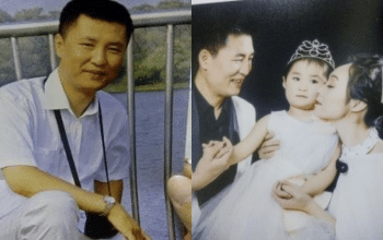 Mr. Wang Yudong, now deceased (left) and his last family photo with his six-year-old daughter, now orphaned in China (right).