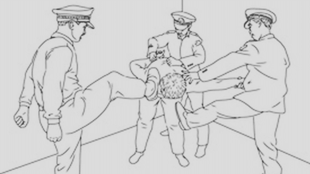 Illustration of prison guards beating a Falun Gong practitioner