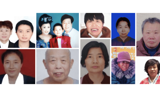 Falun Gong practitioners that are among the sentencing and death reports in July and September 2023. Top row (left to right): Ms. Miao Peihua, Ms. Hu Huomei, Mr. Pang You and his wife and son, Ms. Lang Dongyue, Ms. Gao Yujie, and Mr. Zhao Xudong. Bottom row (left to right): Ms. Mou Yongxia, Mr. Zhuo Guibin, Ms. Peng Xueping, Ms. Cai Guiqin, and Ms. Liu Pingtong.