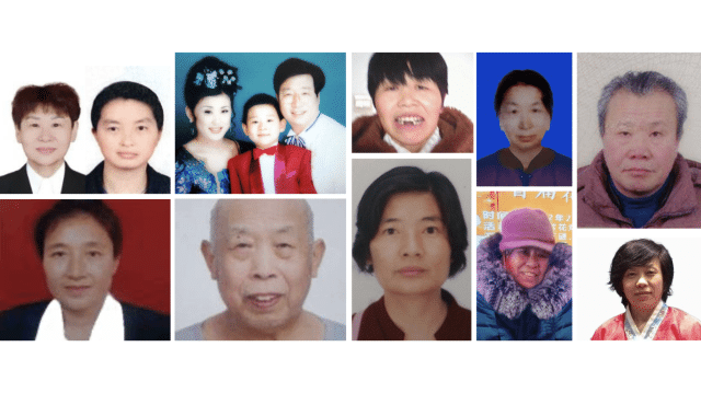 Falun Gong practitioners that are among the sentencing and death reports in July and September 2023. Top row (left to right): Ms. Miao Peihua, Ms. Hu Huomei, Mr. Pang You and his wife and son, Ms. Lang Dongyue, Ms. Gao Yujie, and Mr. Zhao Xudong.
Bottom row (left to right): Ms. Mou Yongxia, Mr. Zhuo Guibin, Ms. Peng Xueping, Ms. Cai Guiqin, and Ms. Liu Pingtong.