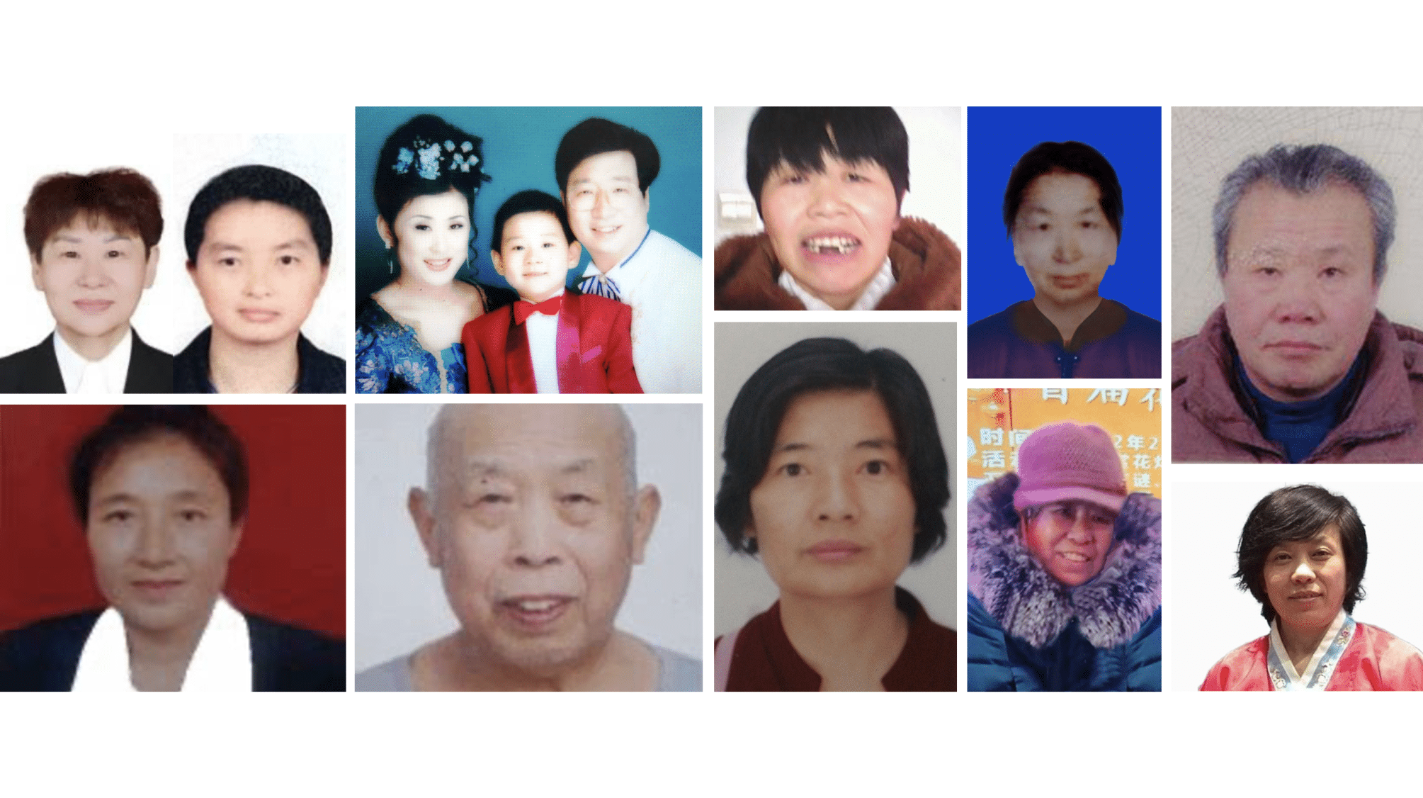 Falun Gong practitioners that are among the sentencing and death reports in July and September 2023. Top row (left to right): Ms. Miao Peihua, Ms. Hu Huomei, Mr. Pang You and his wife and son, Ms. Lang Dongyue, Ms. Gao Yujie, and Mr. Zhao Xudong. Bottom row (left to right): Ms. Mou Yongxia, Mr. Zhuo Guibin, Ms. Peng Xueping, Ms. Cai Guiqin, and Ms. Liu Pingtong.