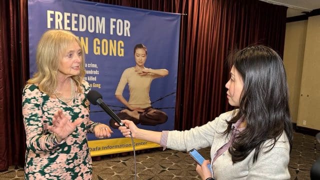 IRF Summit co-chair Dr. Katrina Lantos Swett speaks about the current persecution in an interview with Lynn Feng, the Falun Dafa Information Center's event coordinator. (Credit: Falun Dafa Information Center)