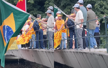 Brazilian Falun Gong practitioners (left) faced harassment as Chinese counter-protesters obstructed their yellow banner with flags during the G20 Summit on November 17, 2024. Brazilian police officers instructed the Chinese nationals to move away from the practitioners, but the request went unheeded (right).