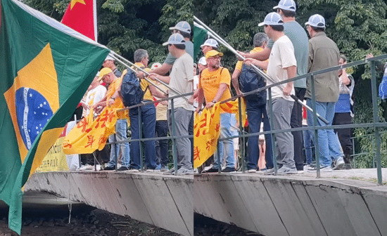 Brazilian Falun Gong practitioners (left) faced harassment as Chinese counter-protesters obstructed their yellow banner with flags during the G20 Summit on November 17, 2024. Brazilian police officers instructed the Chinese nationals to move away from the practitioners, but the request went unheeded (right).