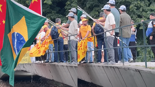 Brazilian Falun Gong practitioners (left) faced harassment as Chinese counter-protesters obstructed their yellow banner with flags during the G20 Summit on November 17, 2024. Brazilian police officers instructed the Chinese nationals to move away from the practitioners, but the request went unheeded (right).