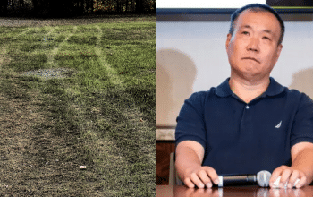 Mr. Cheng Peiming (R) speaking at a panel in Washington D.C. on August 9, as he recounted his experience in Chinese prison. On November 2, 2024, his home in New York was broken into and the suspects left deep tire tracks in his backyard. Cheng suspects this break-in was an attempt to intimidate and silence him.