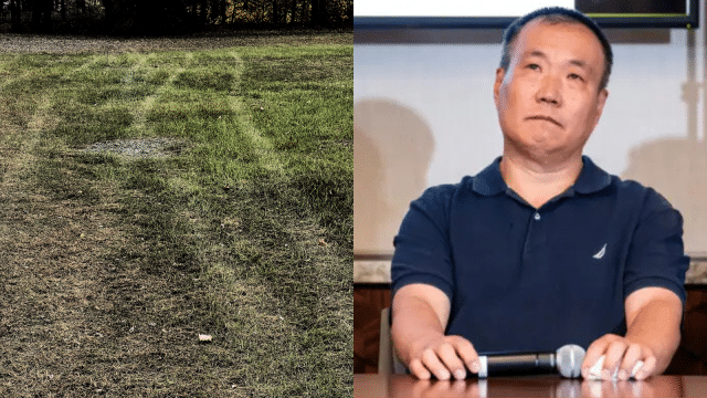 Mr. Cheng Peiming (R) speaking at a panel in Washington D.C. on August 9, as he recounted his experience in Chinese prison. On November 2, 2024, his home in New York was broken into and the suspects left deep tire tracks in his backyard. Cheng suspects this break-in was an attempt to intimidate and silence him. 